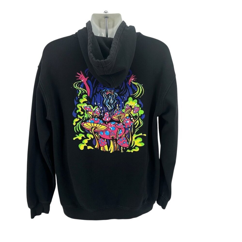 ALAB Mens Medium Hoodie Magic Mushroom Wizard Black Neon Sweatshirt - Picture 3 of 7